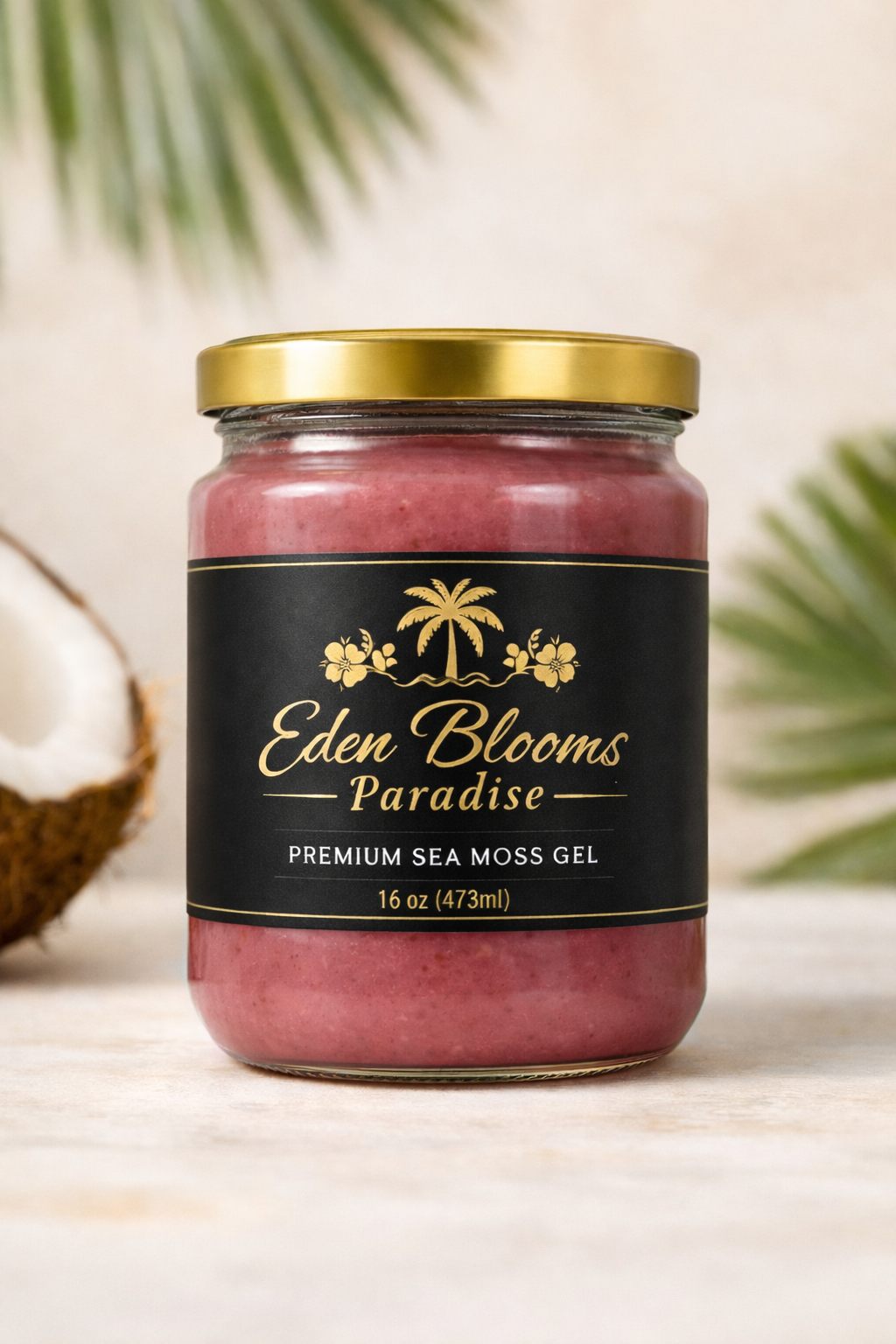 Eden Blooms Paradise Premium Sea Moss Gel - 16 oz glass jar with gold lid